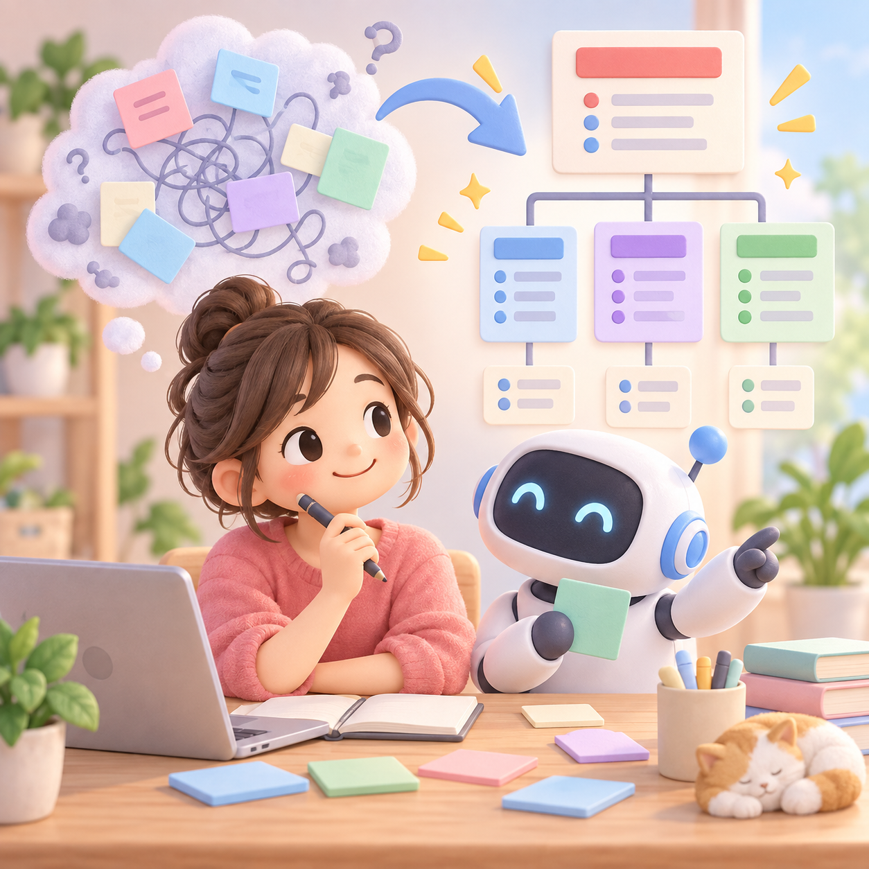 考えを整理する人とAIロボットのイラスト
