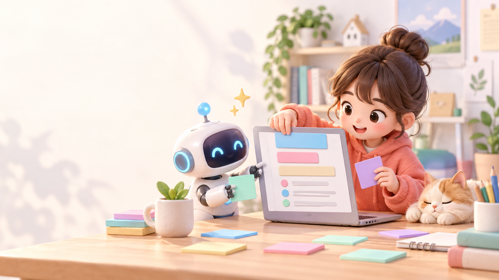ノートを整理する子どもとAIロボットのイラスト